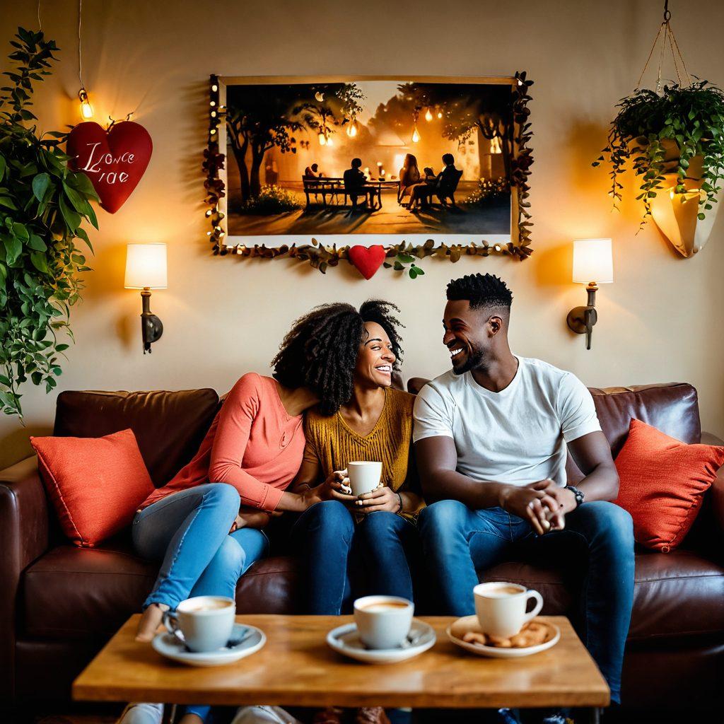 A warm and inviting scene of a diverse couple sitting on a comfortable couch, sharing laughter over a cozy coffee date, surrounded by meaningful artifacts symbolizing love and connection. Soft lighting with heart-shaped decorations in the background, illustrating moments of deep conversation and affection. Include elements of nature like plants and a heartwarming family photo on the wall. super-realistic. vibrant colors. warm tones.