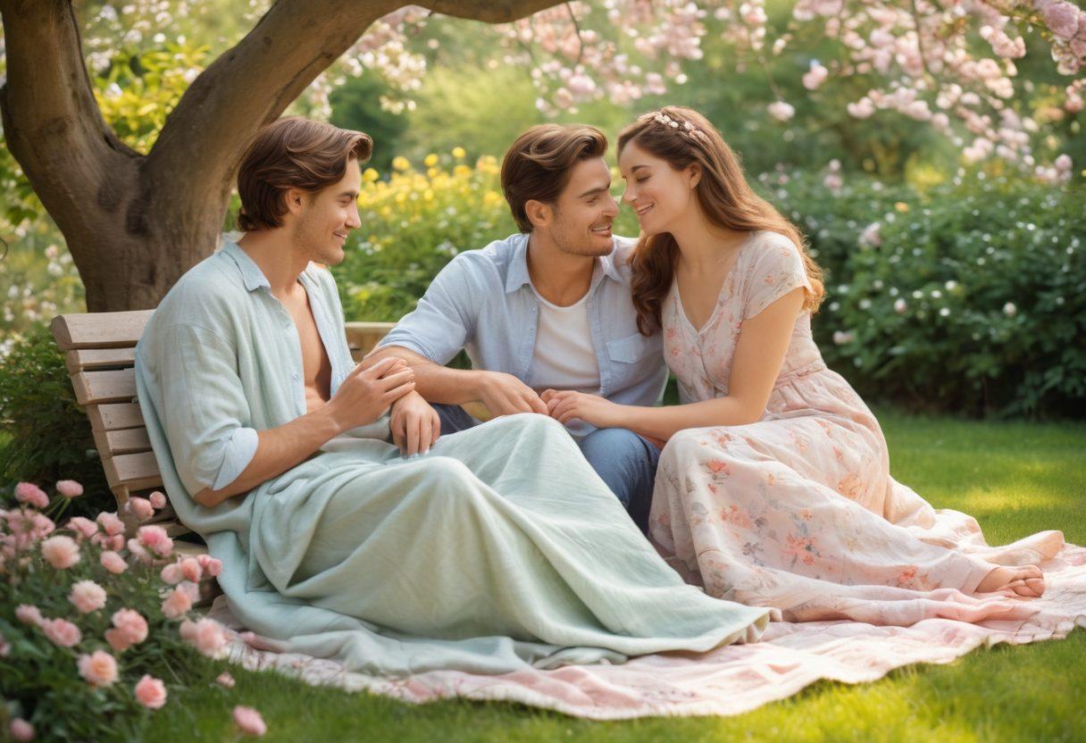 A serene couple sitting together, surrounded by blooming flowers in a dreamy garden, exchanging heartfelt glances. Each stage of their relationship is symbolized by subtle visual cues: a picnic blanket for early romance, a cozy chair for companionship, and a family tree in the background representing maturity. Warm, soft colors to invoke a sense of comfort and love. impressionist style. pastel palette.
