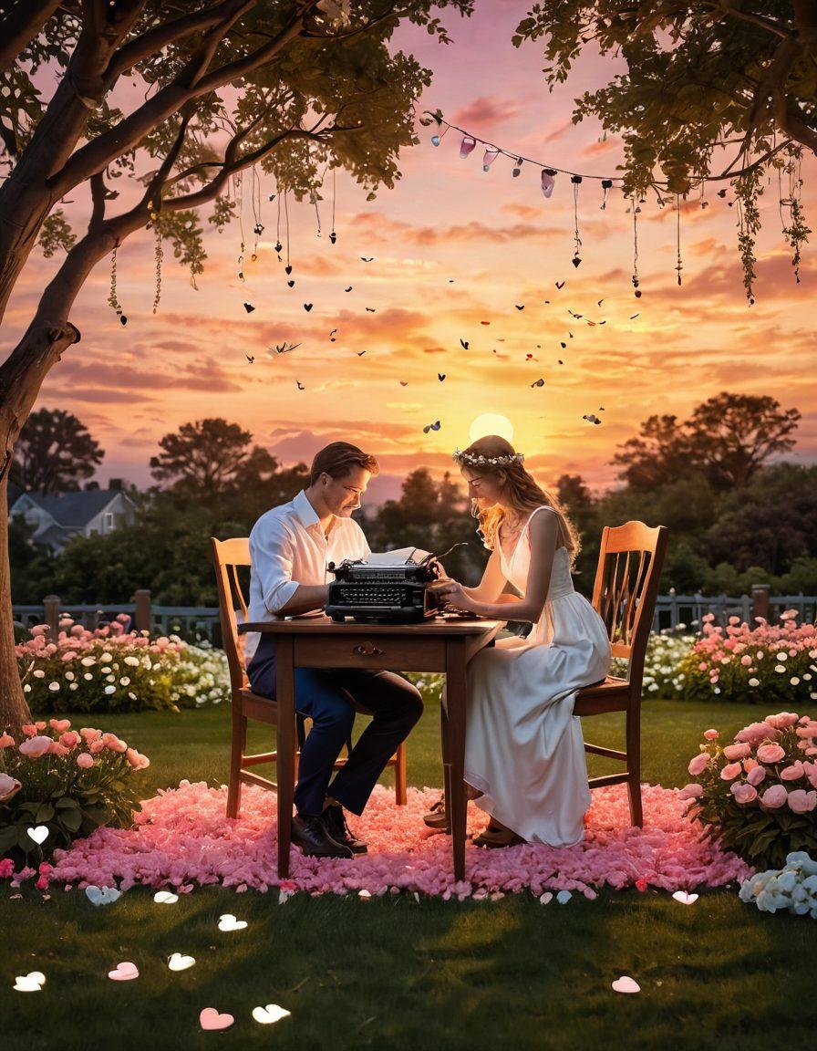 A whimsical scene depicting a couple writing their love story together, surrounded by floating hearts and arrows, with a backdrop of a sunset sky. There's a vintage typewriter on a wooden table, alongside a beautiful garden filled with blooming flowers representing different stages of love. Soft glowing lights create a romantic ambiance. vibrant colors. dreamy. super-realistic.